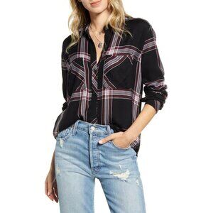 RAILS Dylan Jet White Ruby Black Plaid Rayon Twill Button Up Blouse Top, Size M